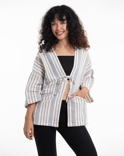 Cotton Kimono Cardigan in White and Blue