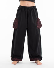 Thai Cotton Women Drawstring Pants With Hill Tribe Trim Black