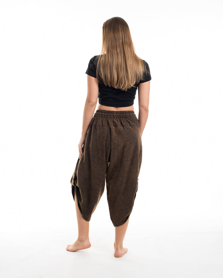 Stone Washed Large Pockets Women's Harem Pants in Brown