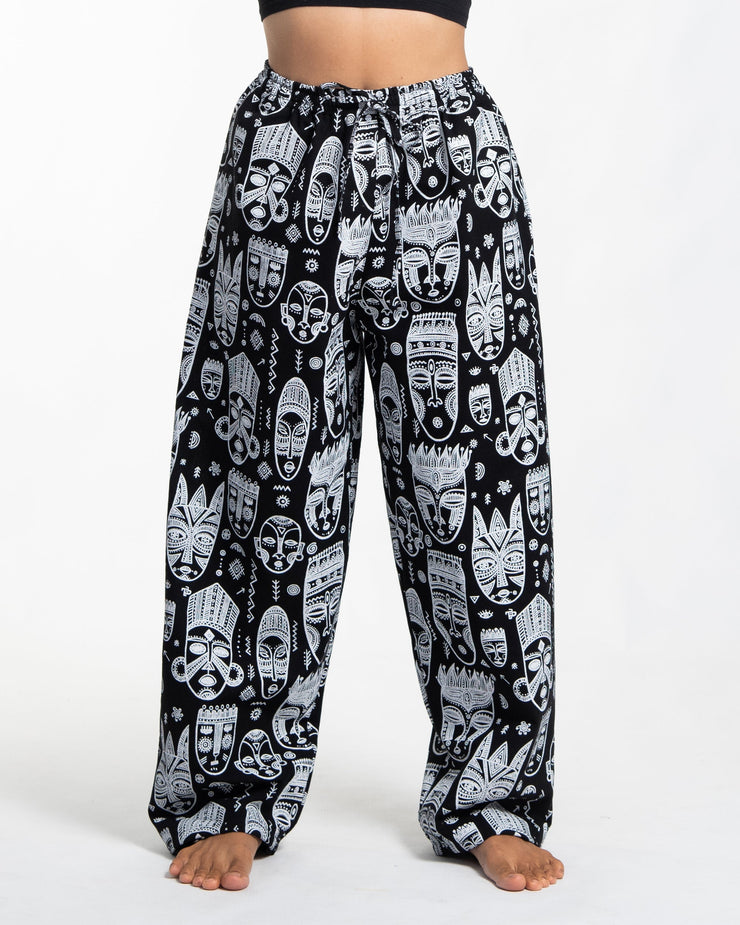 Tribal Mask Print Women Cotton Pants in Black