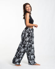 Tribal Mask Print Women Cotton Pants in Black