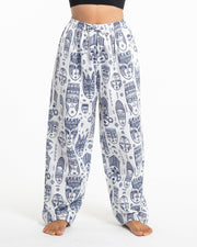 Tribal Mask Print Women Cotton Pants in White