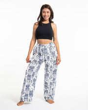 Tribal Mask Print Women Cotton Pants in White