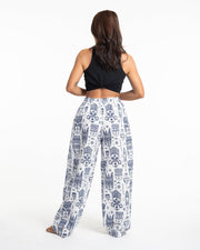 Tribal Mask Print Women Cotton Pants in White