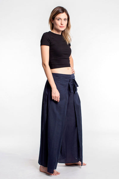 Women's Cotton Wrap Palazzo Pants in Solid Navy