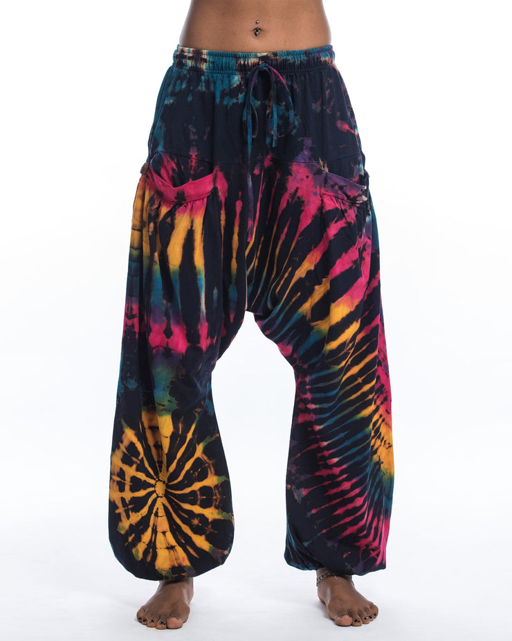 Tie Dye Cotton Women Harem Pants in Navy Rainbow