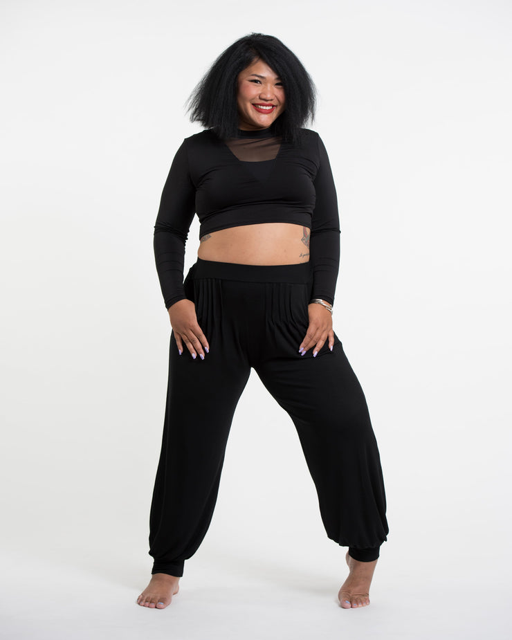 Plus Size Cotton Women Harem Pants in Solid Black