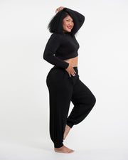 Plus Size Cotton Women Harem Pants in Solid Black