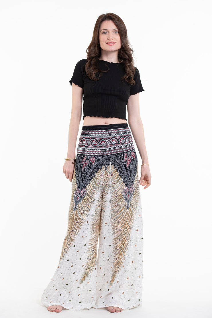 Peacock Feathers Palazzo Style Harem Pants in White