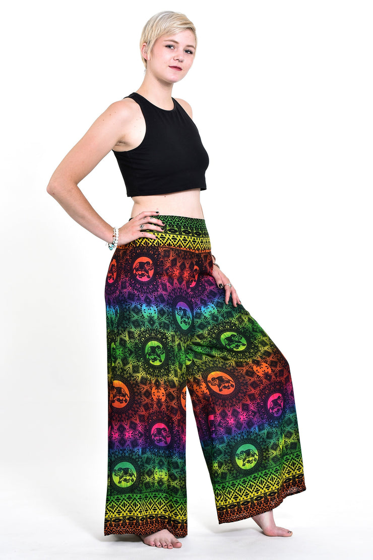 Rainbow Elephant Palazzo Style Elephant Pants in Green