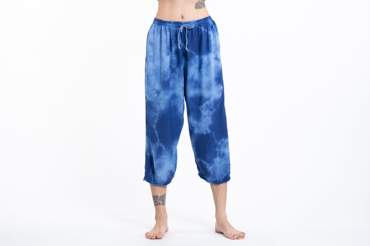 Women's Tie Dye Drawstring Yoga Massage Cropped Pants in Blue