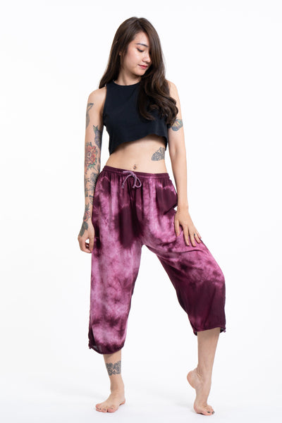 Women's Tie Dye Drawstring Yoga Massage Cropped Pants in Dark Purple