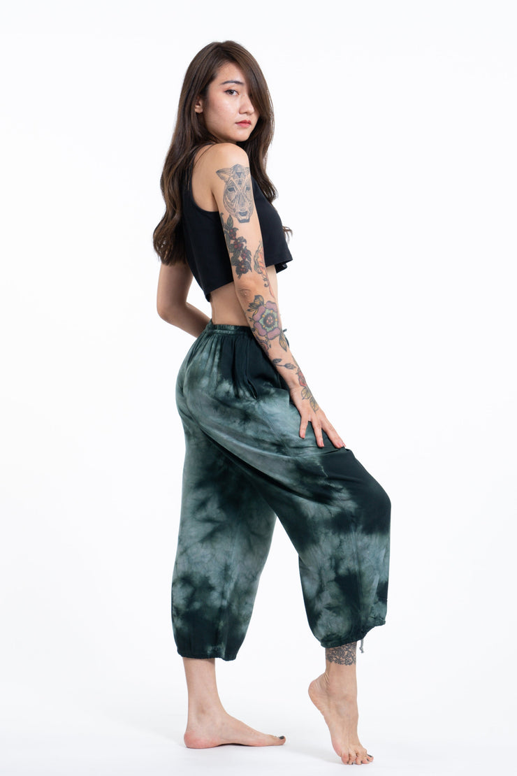 Women's Tie Dye Drawstring Yoga Massage Cropped Pants in Dark Teal