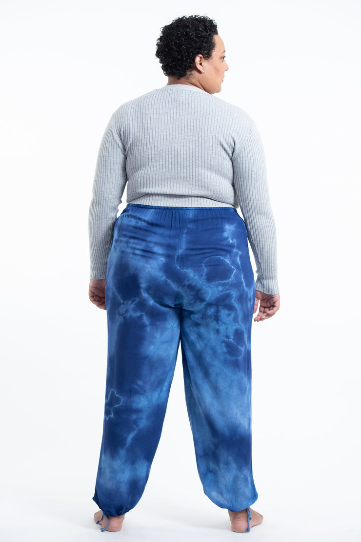 Plus Size Tie Dye Drawstring Women's Yoga Massage Pants in Blue