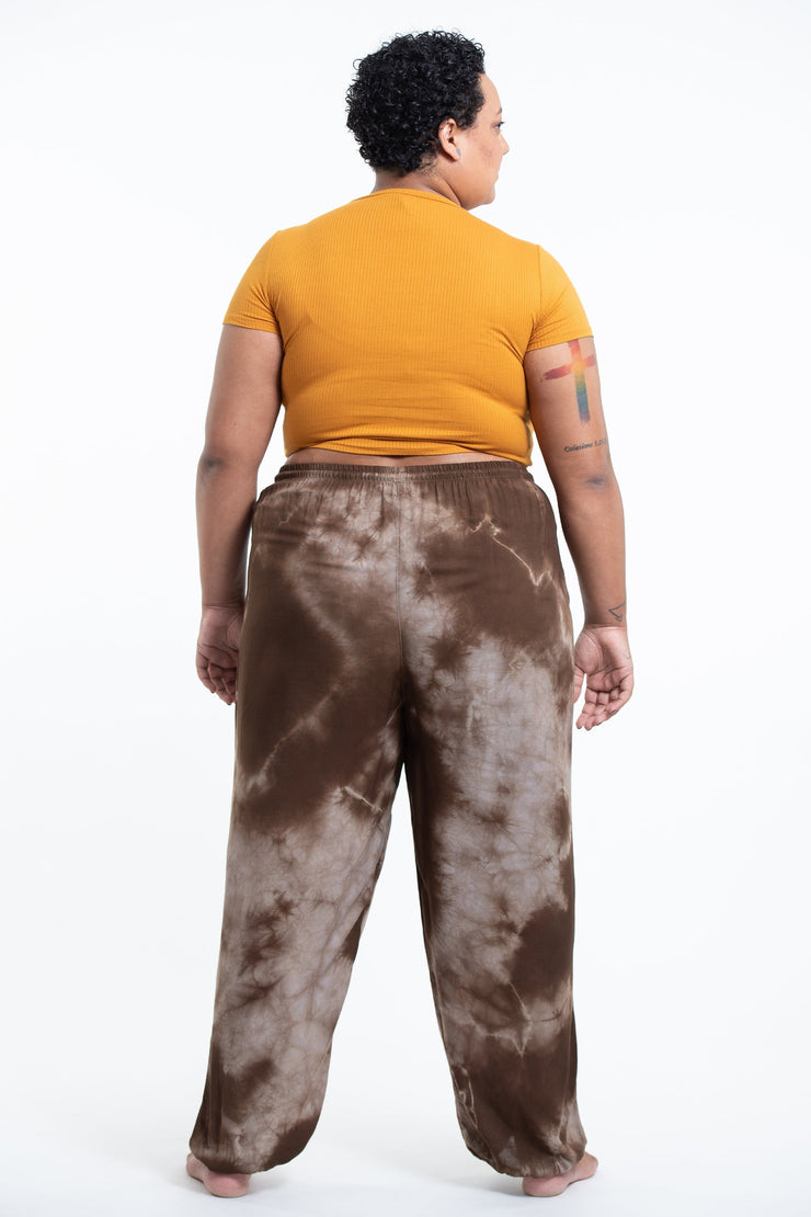 Plus Size Tie Dye Drawstring Women's Yoga Massage Pants in Brown