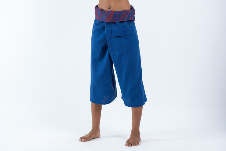 Women's Cropped Fisherman Pants with Pattern Waist Band in Blue