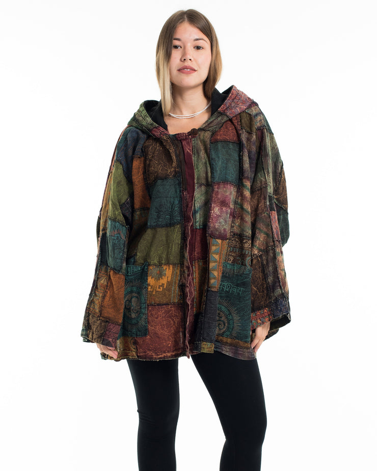 Patch Work Stone Wash Hooded Jacket in Multi Brown