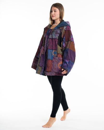 Patch Work Stone Wash Hooded Jacket in Multi Purple