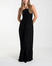 Solid Color Smocked Maxi Dress in Black