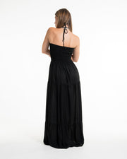 Solid Color Smocked Maxi Dress in Black