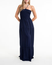 Solid Color Smocked Maxi Dress in Blue