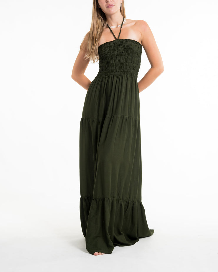 Solid Color Smocked Maxi Dress in Dark Green