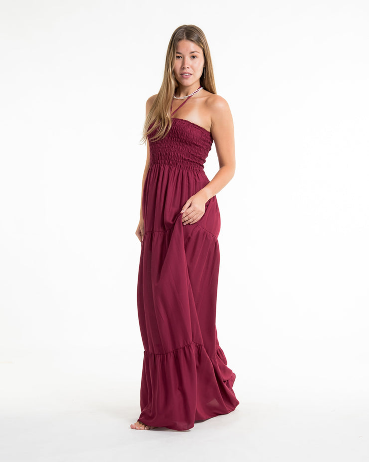 Solid Color Smocked Maxi Dress in Red