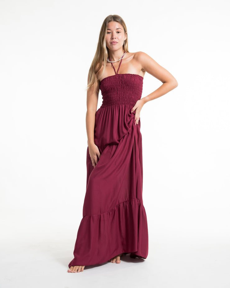 Solid Color Smocked Maxi Dress in Red