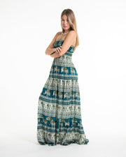 Festive Elephants Smocked Maxi Dress in Teal