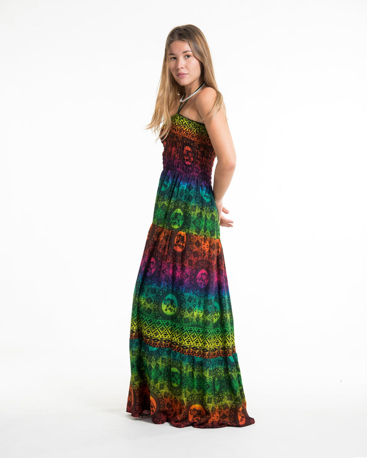 Rainbow Elephant Smocked Maxi Dress in Green