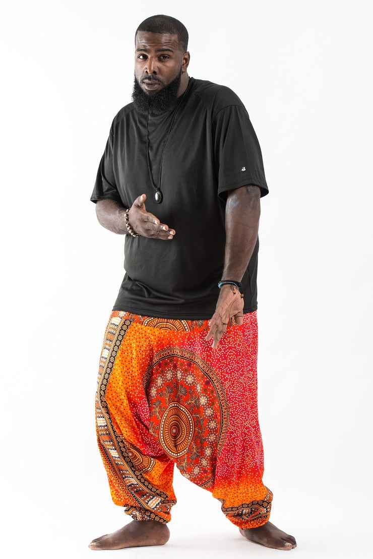 Plus Size Tribal Chakras Drop Crotch Men's Harem Pants in Orange