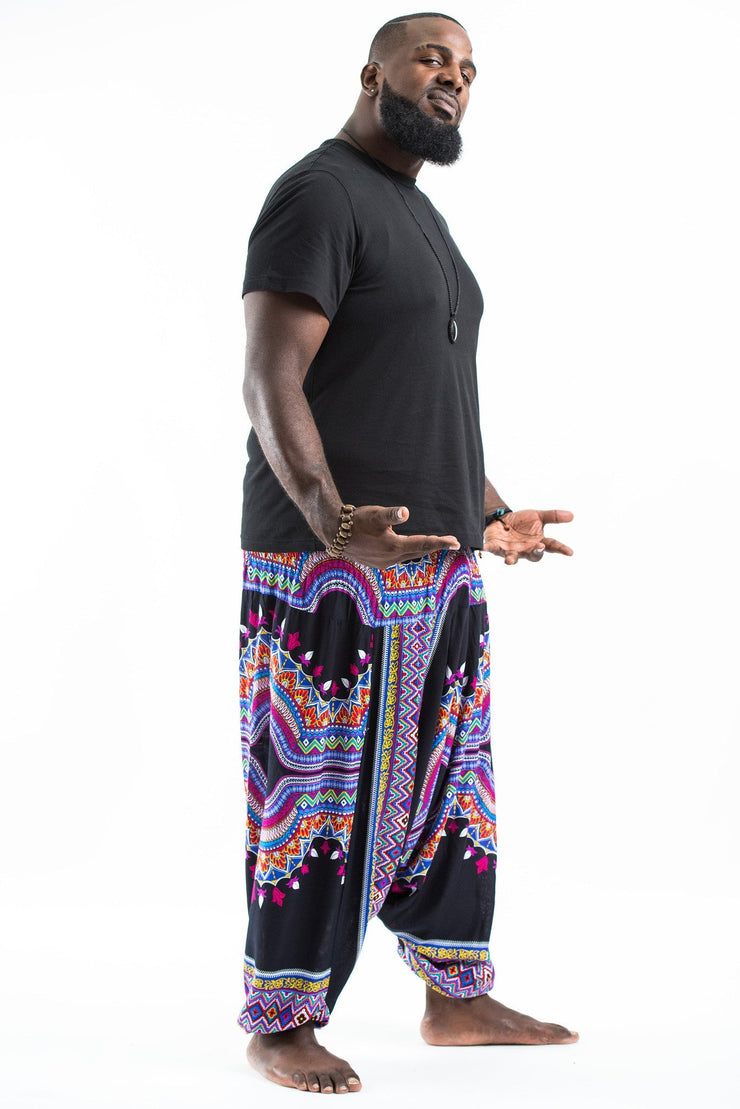 Plus Size Dashiki Prints Drop Crotch Men's Harem Pants in Black