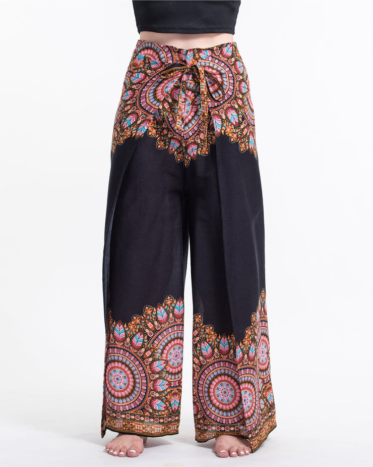 Feather Mandalas Wrap Palazzo Style Harem Pants in Black