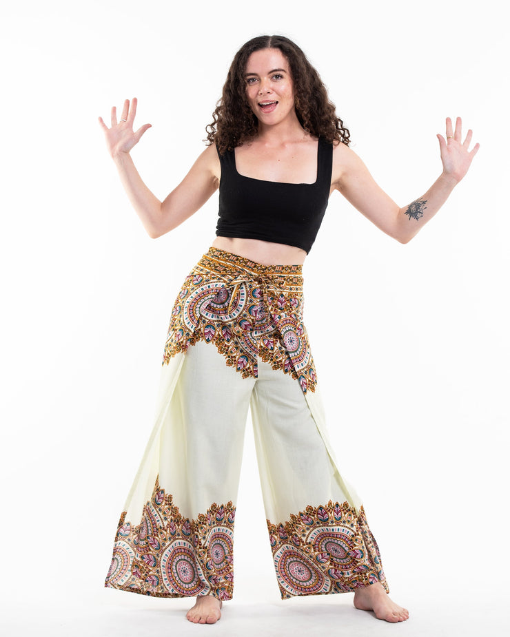 Feather Mandalas Wrap Palazzo Style Harem Pants in Cream