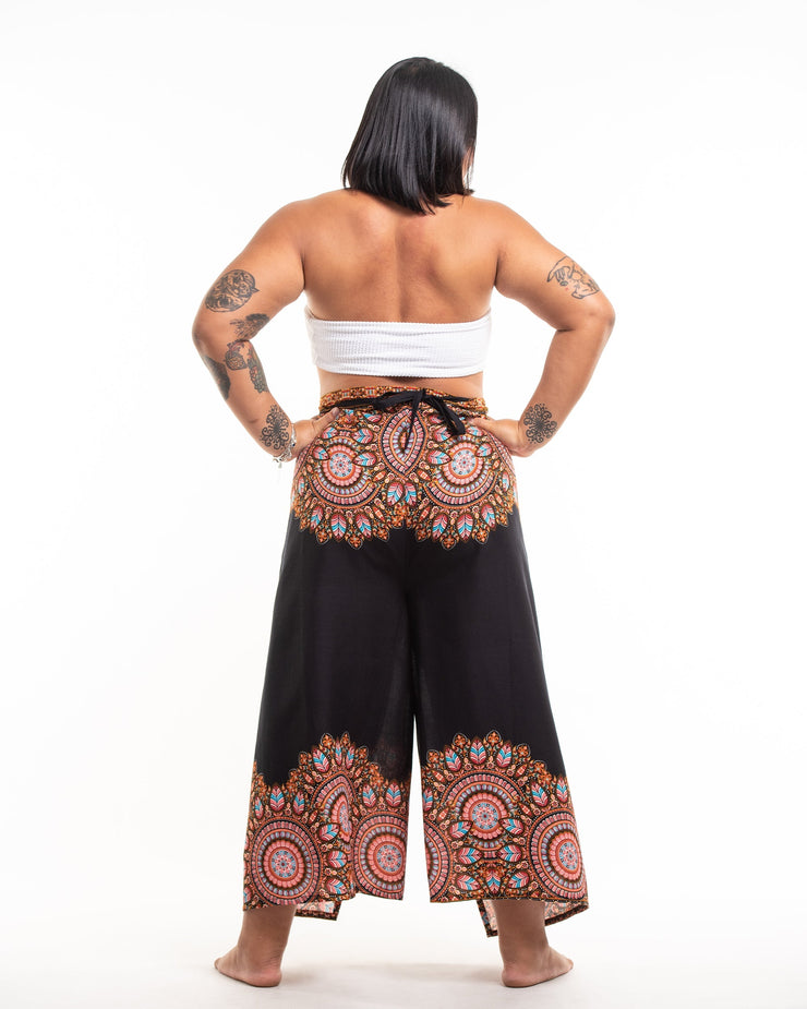 Plus Size Feather Mandalas Wrap Palazzo Style Harem Pants in Black