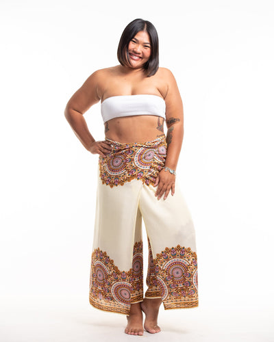 Plus Size Feather Mandalas Wrap Palazzo Style Harem Pants in Cream