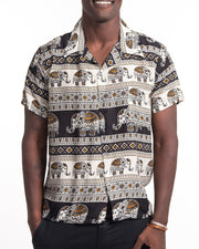 Tribal Elephant Short Sleeve Button Shirt in Black