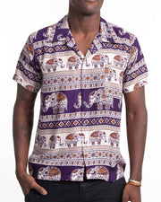 Tribal Elephant Short Sleeve Button Shirt in Purple