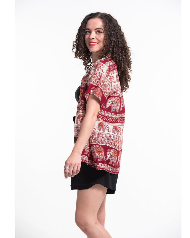 Tribal Elephant Short Sleeve Button Shirt in Red