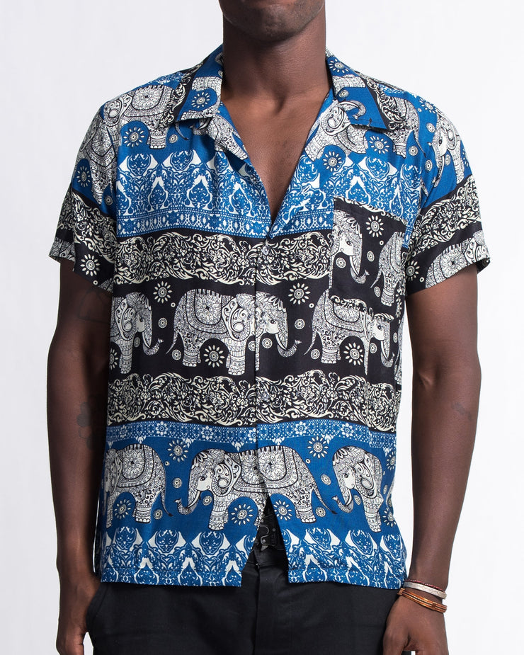 Divine Elephant Short Sleeve Button Shirt in Blue