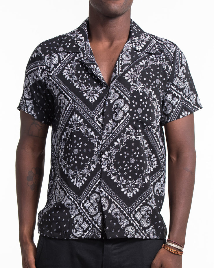 Patchwork Paisley Short Sleeve Button Shirt in Black