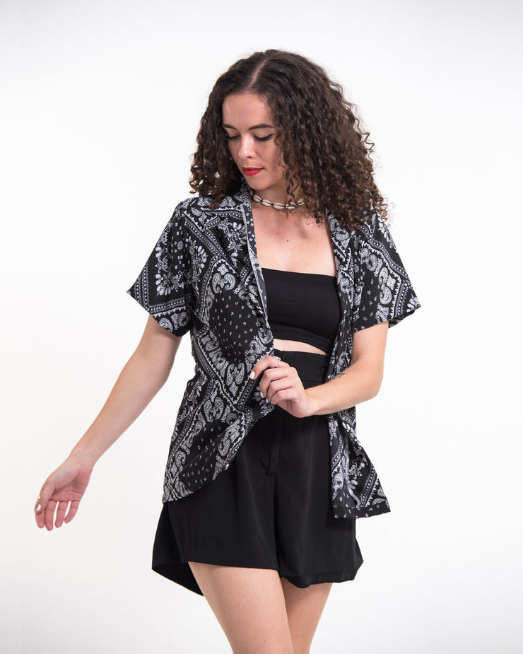 Patchwork Paisley Short Sleeve Button Shirt in Black