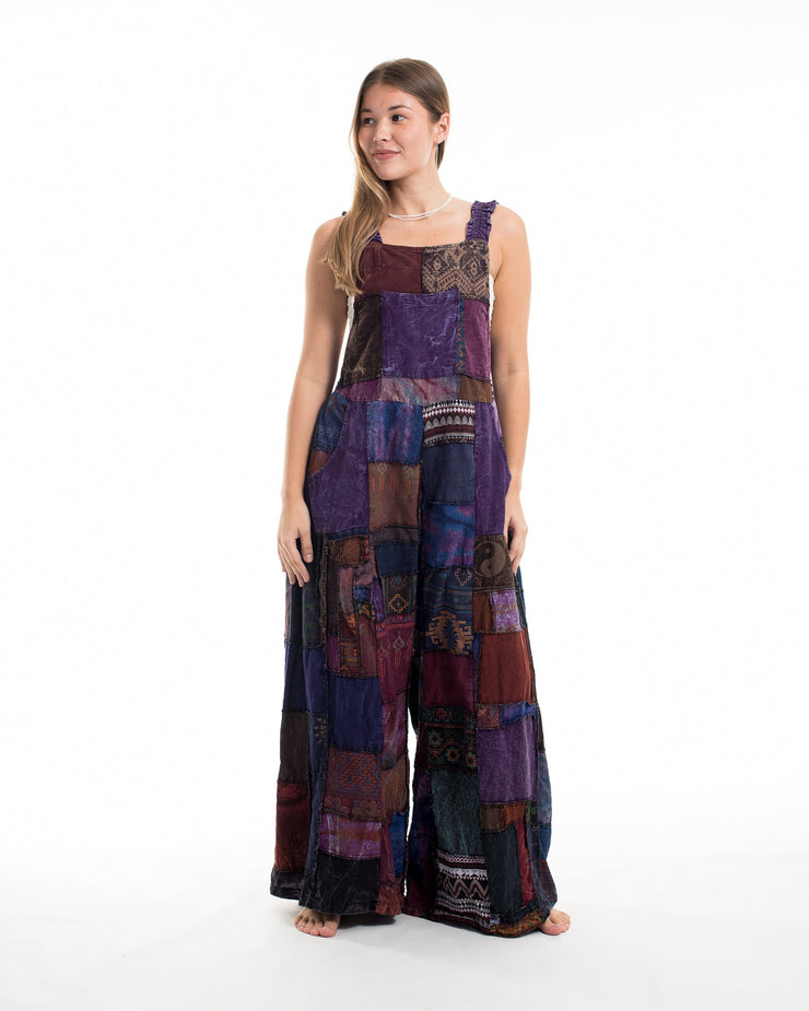 Patchwork Stone Washed Black Printed Cotton Overall in Purple