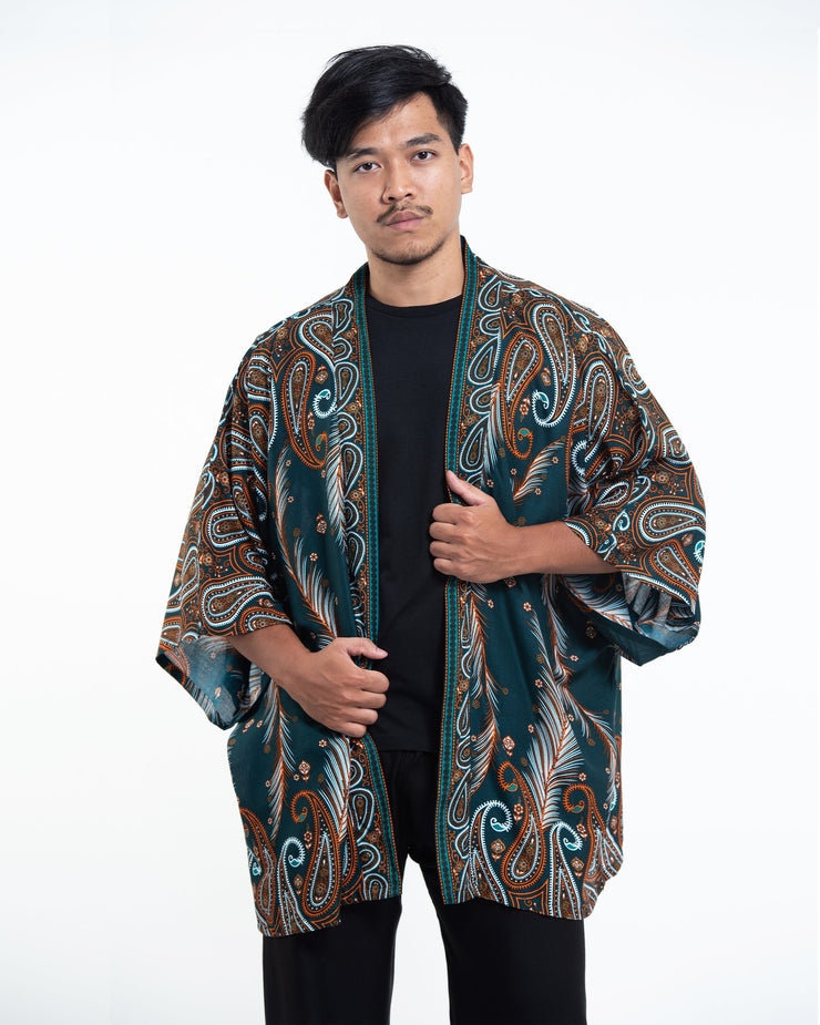 Paisley Feathers Kimono Cardigan in Green