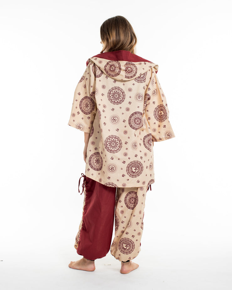 Ohm Print Cotton Hoodie Kimono Cardigan in Red