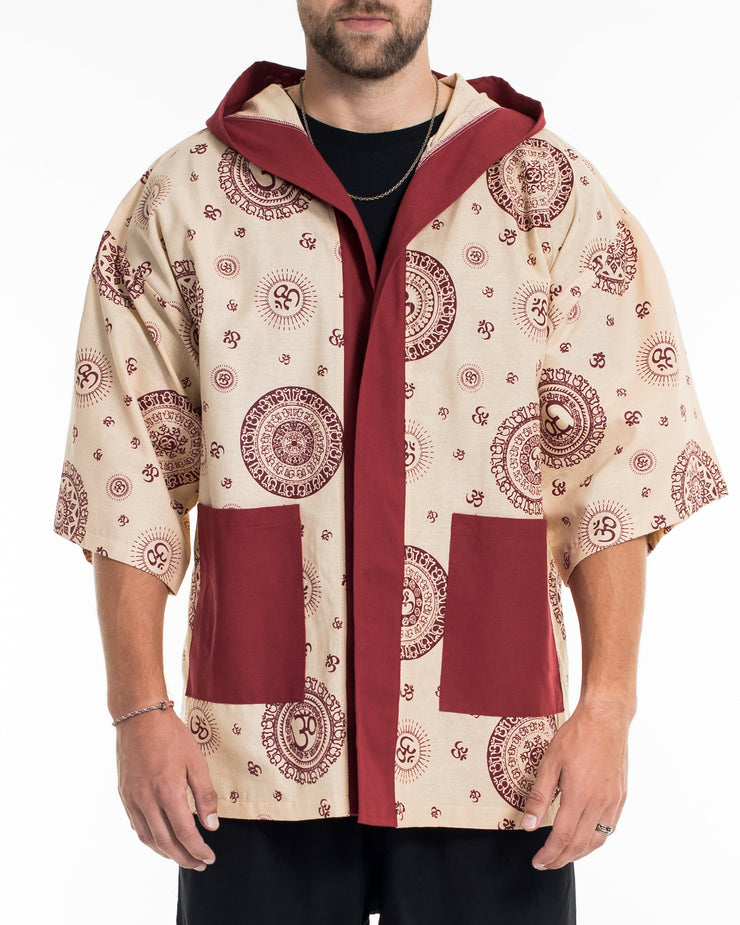 Ohm Print Cotton Hoodie Kimono Cardigan in Red