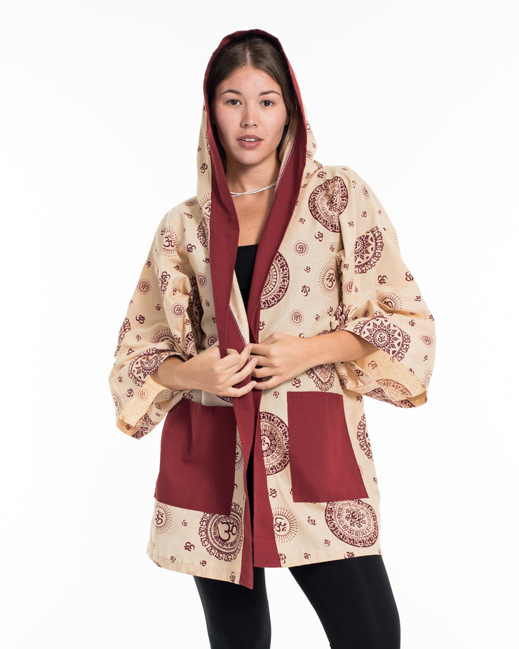 Ohm Print Cotton Hoodie Kimono Cardigan in Red