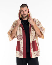 Ohm Print Cotton Hoodie Kimono Cardigan in Red