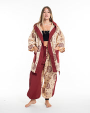 Ohm Print Cotton Hoodie Kimono Cardigan in Red