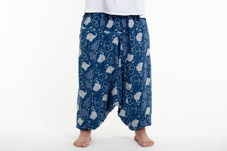 Plus Size Elephant Prints Men's Low Cut Cotton Harem Pants in Indigo